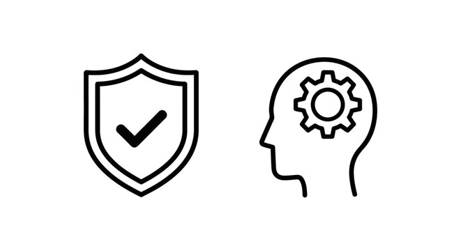 Shield with checkmark icon and head with gear icon, representing code of conduct and technology AI