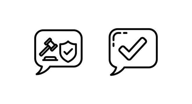 Speech bubbles with icons for review moderation and approval, symbolizing legal judgment, protection, and successful completion of tasks