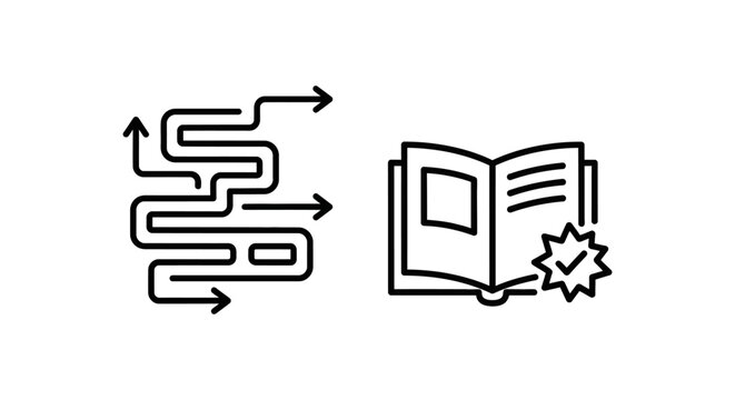 Winding path arrow icon and open book with checkmark, representing onboarding process, welcome guide, and successful completion for new users