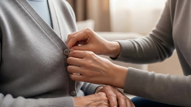 Caregiver helps elderly woman button her cardigan. Assistant provides daily living support and rehabilitation for senior patient at home. Recovery therapy concept.