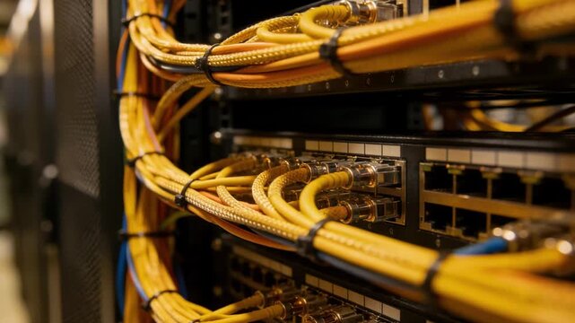 Medium shot highlighting the intertwined cable bundles on crossconnect panels emphasizing the textures and colors with the rest of the data center faintly out of focus.