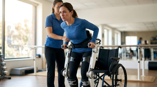 Woman with exoskeleton assisted by therapist in rehab center
