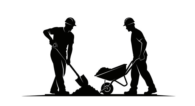 Two construction workers in silhouette pushing and shoveling dirt with wheelbarrow and shovel on a building site with hard hats on their heads working together