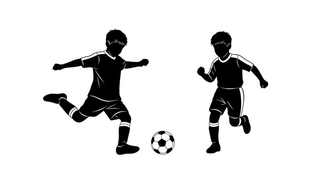 Two boys playing soccer with a ball in a dynamic action pose