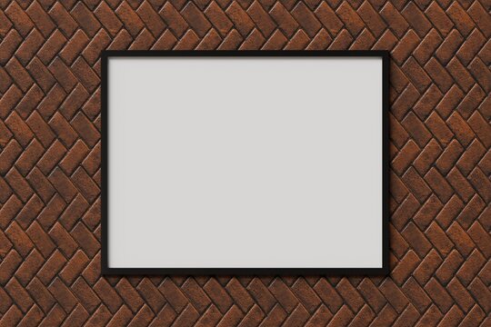 3d herringbone brick poster mockup texture. urban concept. abstract background black frame, masonry wall for branding mockup. advertising for streetwear campaign. 3d render.