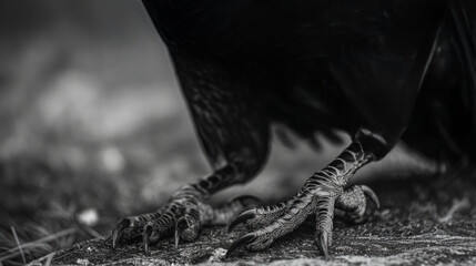 Fototapeta premium Close-up of raven talons on a rock in monochrome.