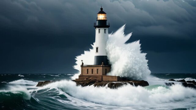 Lighthouse in storm with crashing waves, dramatic ocean seascape