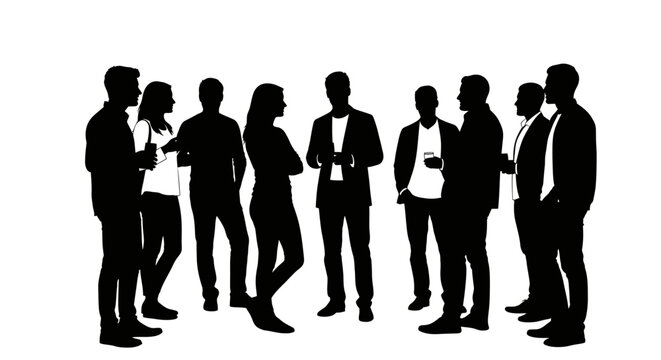 Group of business professionals standing and conversing in casual attire silhouetted against a white background, engaging in discussion and networking.