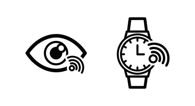 Eye and watch icons with signal waves, representing remote monitoring, surveillance, and connected device functionality