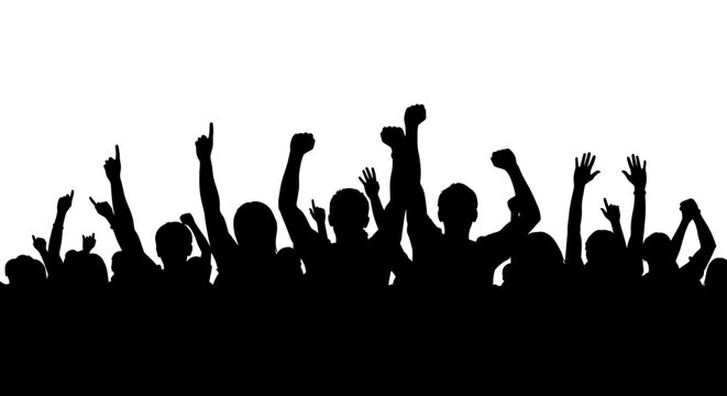 Silhouette of a crowd of people with raised hands and fists in celebration or protest against a plain white background, showing unity and collective action.