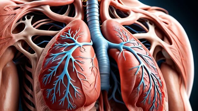 Highly detailed medical illustration of human lungs showing bronchial tree, airways, and respiratory system structure.