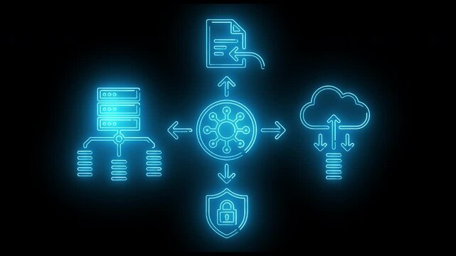 Neon blue glowing icons depicting cloud computing and data security on a black background with a central wheel and arrows.