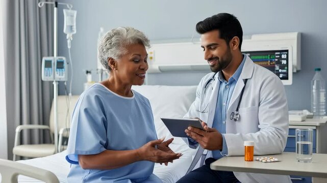 Doctor using tablet to explain treatment to elderly woman in hospital. Healthcare professional consulting senior patient recovering in room. Medical support concept.