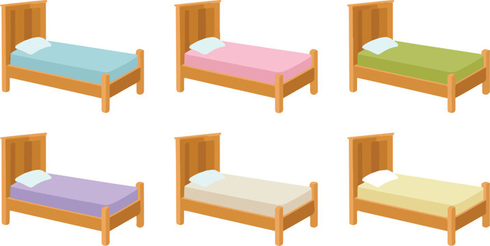 Set of six wooden bed icons in minimalist line art style with colorful pillows arranged in grid layout