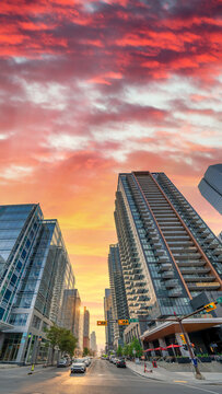 Downtown Calgary streets and buildings at sunset, Alberta
