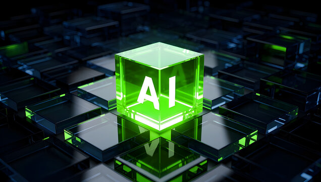 Glowing green AI cube on futuristic digital grid representing artificial intelligence computing, machine learning systems, data processing networks and advanced technology innovation
