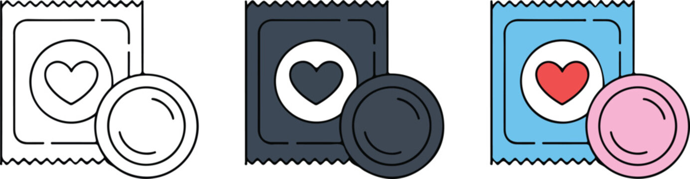Set of three minimalist condom package icons in black, grayscale, and colorful variations with heart symbol design