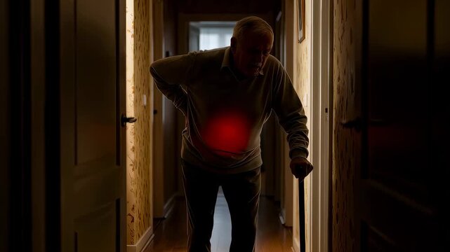 Elderly man walking through dark corridor and feeling abdominal pain. Senior patient struggling with stomachache using cane for support. Health recovery concept.