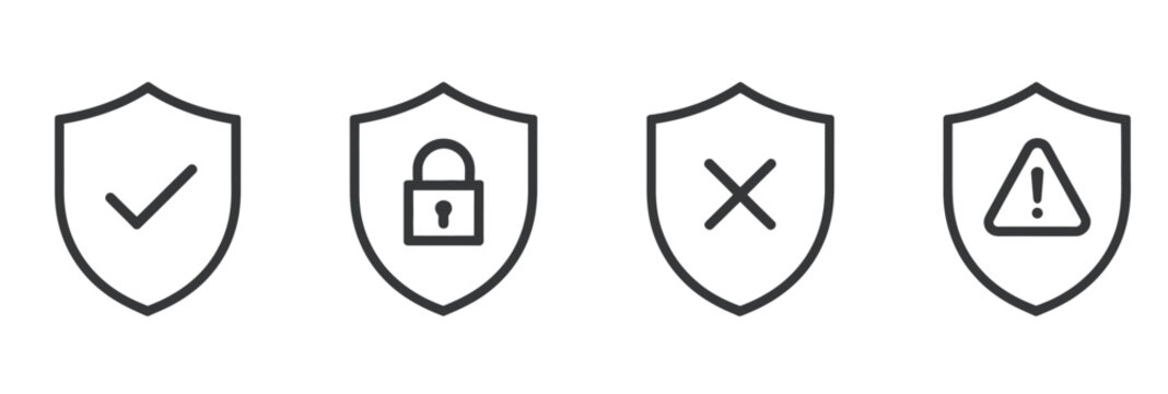 Simple outline vector icons depicting security status with checkmark, lock, cross, and warning symbols.