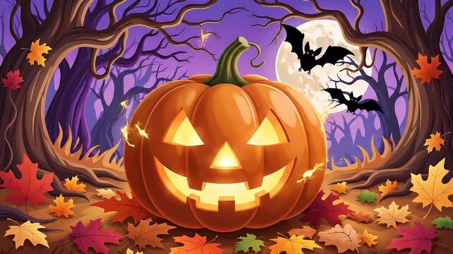 Vibrant Halloween Night Illustration with a Glowing Jack-o'-Lantern, Flying Bats, and Autumn Leaves in a Spooky Forest Under a Mysterious Moonlit Sky
