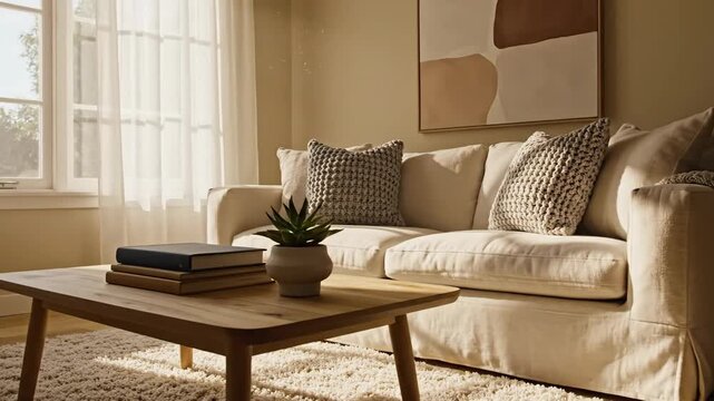 Cozy Neutral Living Room Sunlit Sofa Scene.