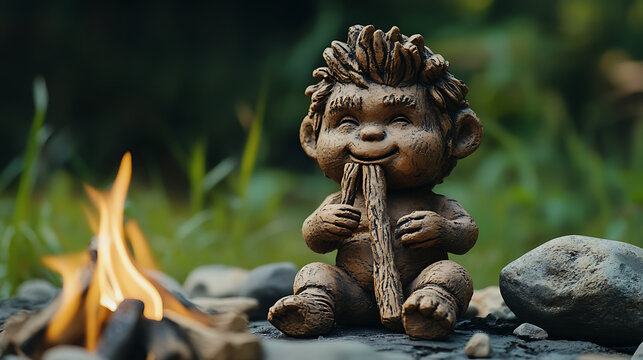 Caveman-style baby mascot chewing on a wooden stick toy beside a firestone 