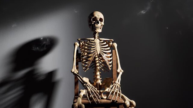 Anatomical skeleton sitting on a chair with dramatic lighting and shadows in a studio setting
