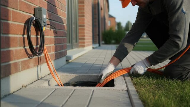 Medium shot of worker feeding fiber cable through an underground conduit entrance beside a townhouse cable and hands crisp while nearby footpath and facade are softly blurred.