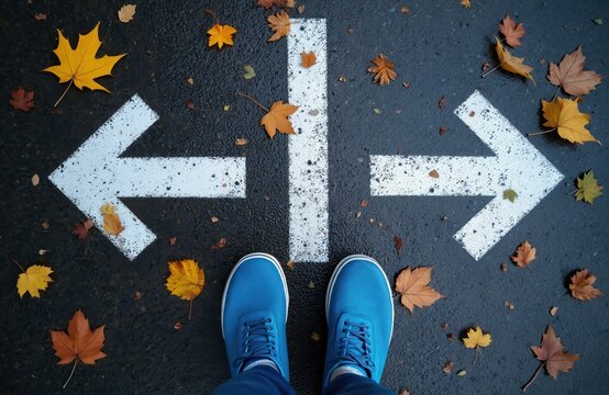 Feet in blue shoes stand at a road fork with white arrows pointing left and right. Autumn leaves are scattered on the wet asphalt ground suggesting a choice.