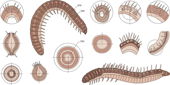 Earthworm Cross Section Anatomy Vector Set Featuring Body Segments, Setae Structure, Internal Layers, and Detailed Biological Diagram Illustration