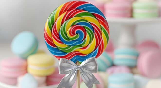 Colorful lollipop with silver bow and macarons background rainbow swirl