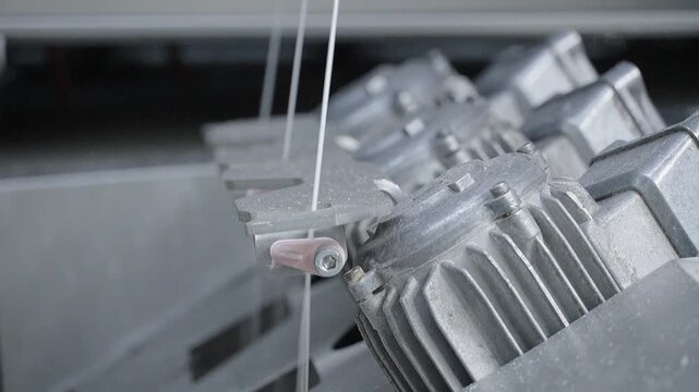 Detailed close-up of industrial machinery components and white plastic threads in a modern manufacturing factory setting.