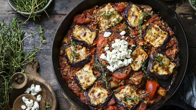 Overhead View of Reheated Moussaka with Eggplant, Tomatoes, and Feta