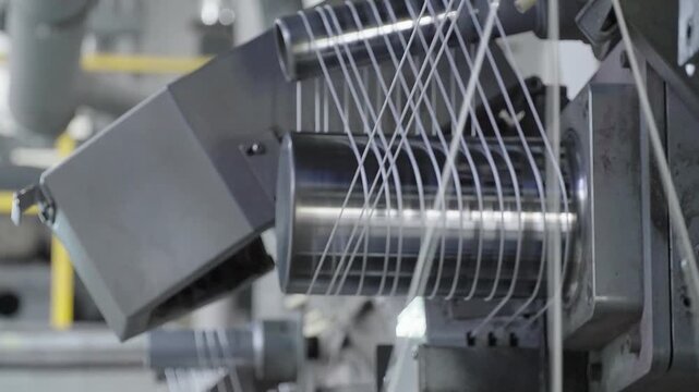 High-speed rotation of white threads on a metal cylinder during the textile weaving process in a factory.