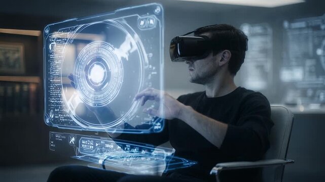 Mediumshot of a focused user exploring a virtual history archive via VR headset in a dimly lit immersive research booth blurred surroundings enhance concentration.