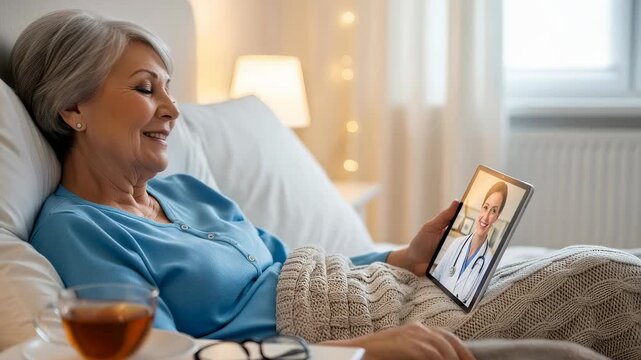 Senior woman lying in bed during a telemedicine consultation with a doctor. Patient receiving remote medical advice on a tablet. Health and recovery concept.