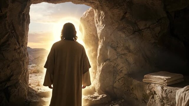 Jesus Christ standing at the entrance of a stone tomb. Saviour emerges from darkness into divine light. Biblical resurrection concept for catholic religious theme.