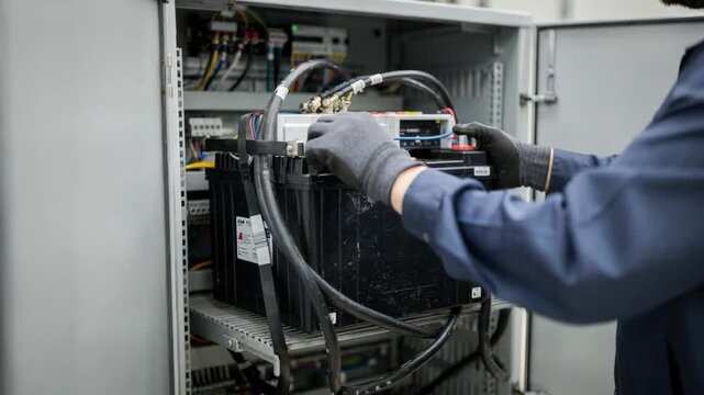 Technician carefully removing a large AGM telecom battery inside a service cabinet with main battery in sharp focus and surrounding equipment blurred.