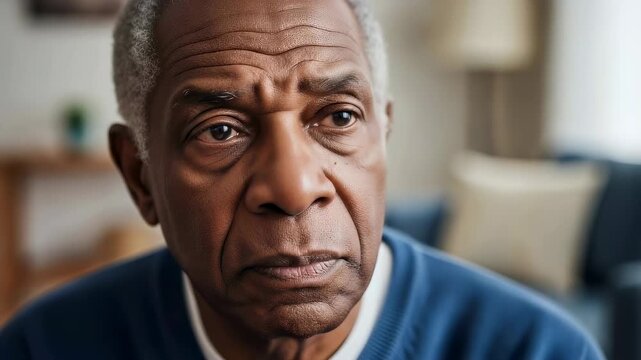 Senior man looking sad and thoughtful. Elderly African American male showing signs of loneliness and depression. Mental health support and aging care concept.
