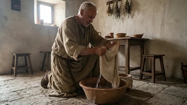 Man kneeling inside ancient room cleaning cloth in wooden basin. Humble worker washing fabric in bowl. Biblical scene representing humility and service to others.
