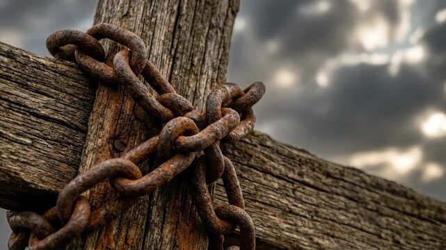 Rusty chain wrapped around wooden cross under cloudy sky. Catholic religious symbol of sacrifice and suffering. Christian concept for Easter and spiritual worship.