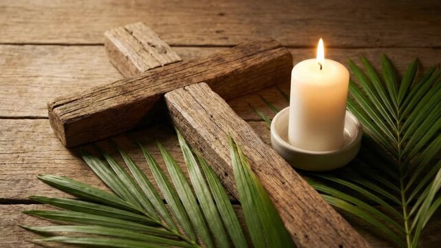 Wooden cross with burning candle and green palm leaf on rustic board. Catholic religious concept for Palm Sunday and Easter. Still life composition for worship.