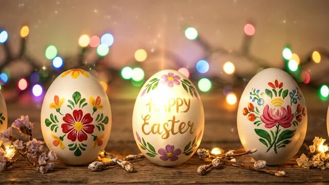 Painted easter eggs with flowers and text on wooden table. Decorative festive holiday background with soft bokeh lights and floral pattern for spring celebration.