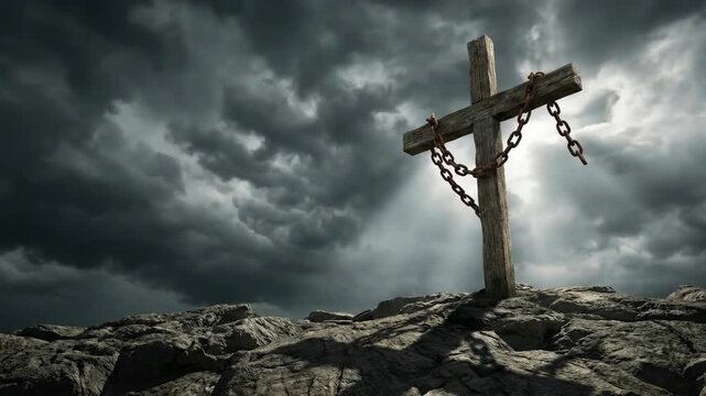 Old wooden cross with heavy iron chains on a rocky hill under a stormy sky. Religious symbol of sacrifice. Christian and catholic spiritual faith concept.
