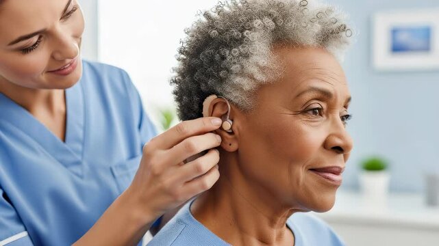 [Professional Caregiver Assisting Senior Patient with Hearing Aid Insertion]