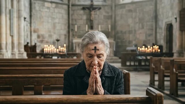 Elderly woman with ash mark on forehead prays in cathedral. Devout believer in church on Ash Wednesday. Religious tradition and catholic faith practice concept.