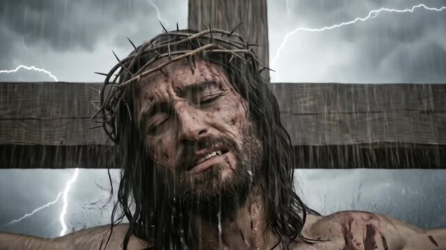 Jesus Christ on the cross wearing a crown of thorns during a storm. Man suffering amid rain and lightning as a religious depiction for catholic faith prayer.