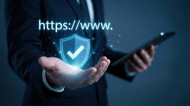 A businessman demonstrates robust internet security and digital data protection, showcasing a glowing shield icon with a prominent checkmark and the 'https' protocol, symbolizing safe online browsing