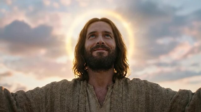 Jesus Christ with arms outstretched looking toward the sky. Holy religious figure against a sunset cloud background. Divine savior portrait for spiritual faith.