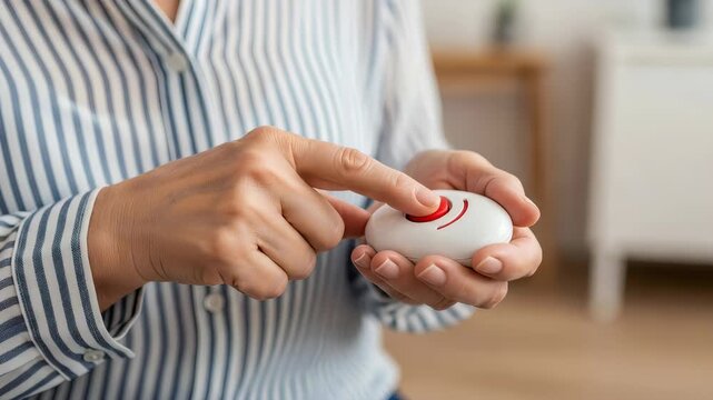 Woman presses emergency alert button for medical assistance. Senior safety device for health care support and urgent help at home during rehabilitation process.